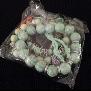 Mint Green Silver Toned Beaded Feather & Tree Bohemian Charm Bracelet Set Of 3